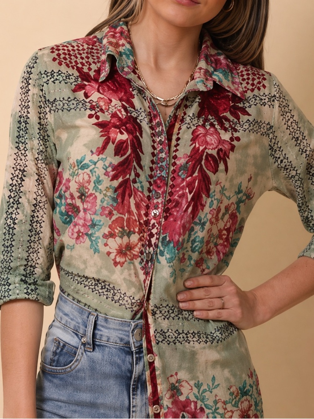 Vintage goa mixed media button down women’s top size small embroidered boho